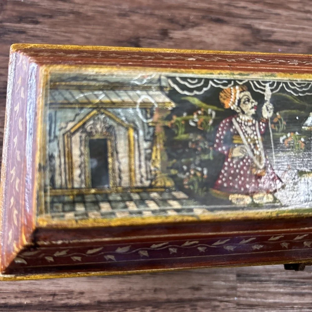 Vintage Wooden Box‎ Ornate Hand Painted Indian Design Jewelry Trinket Storage